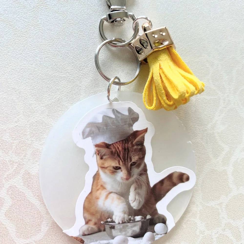 Hand Crafted Cat Keychain with Yellow Tassel